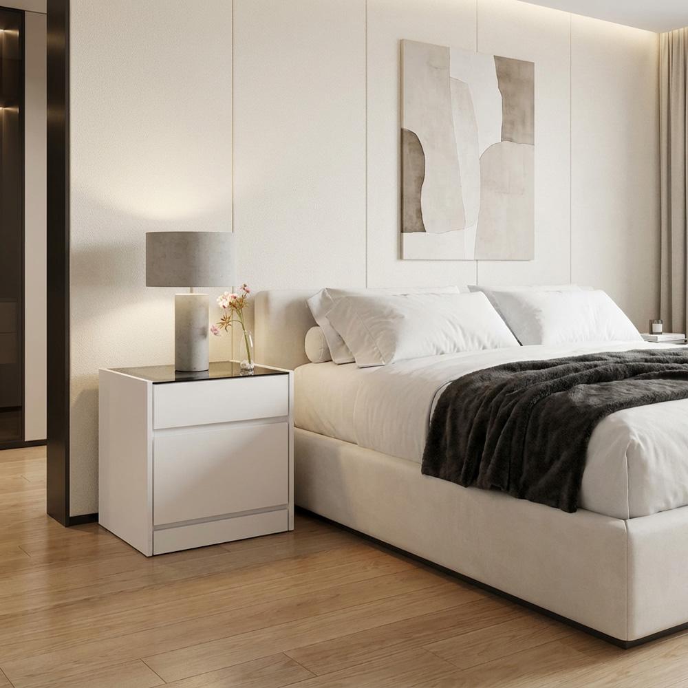 Mars Glass Top Bedside Table With Jewellery Organizer- White